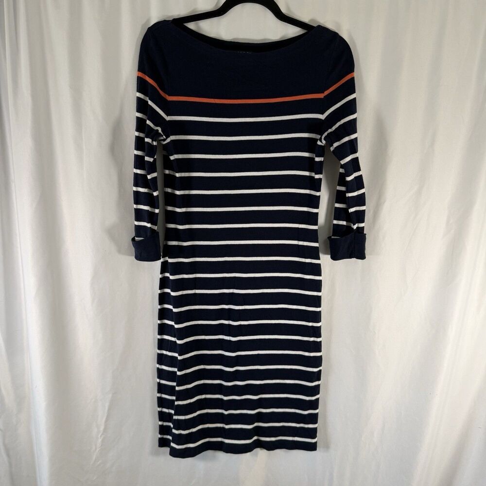 Lauren Ralph Lauren Mini Dress Women's Medium Navy Blue Striped Boat Neck